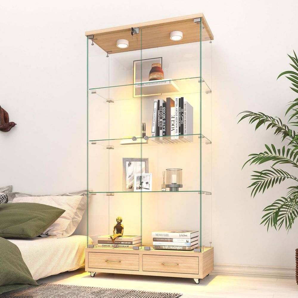 Home Office For - 4-Tier Glass Cabinet with LED Lights,